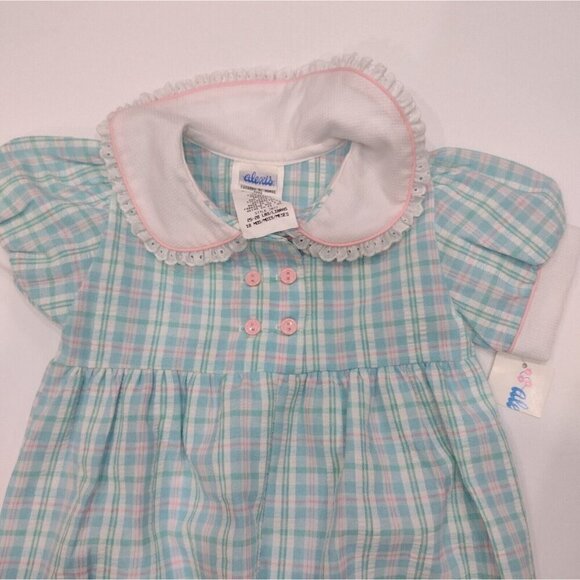 Vintage Alexis Turquoise Pink Plaid Romper Short Sleeve Girls 18M Lace Buttons - Picture 2 of 5